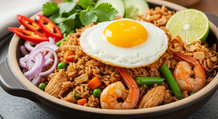 Fried rice with fried egg and vegetables in bowl, closeupの素材