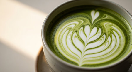 Green tea matcha latte in a cup on wooden table.の素材