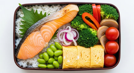 Japanese food, bento box with salmon and vegetables on white backgroundの素材