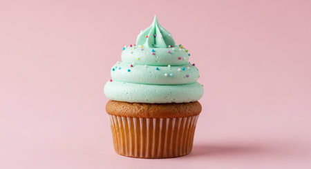 Cupcake with green buttercream icing on pastel pink backgroundの素材