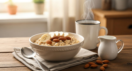 Bowl with tasty oatmeal and nuts on wooden table, closeupの素材