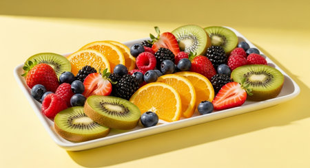 Healthy fruit salad in a white plate on a yellow background.の素材