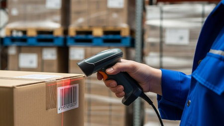 Hand of worker scanning barcode on cardboard box with laser scanner.の素材