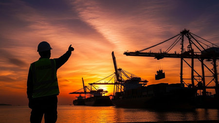 Industrial worker working in the shipyard with cargo crane and ship at sunsetの素材