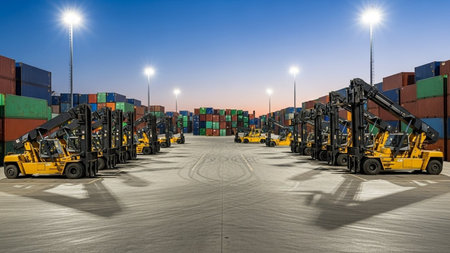 Cargo container terminal and forklift at dusk for Logistic Import Export backgroundの素材