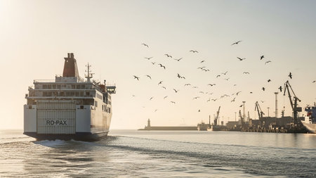 Cargo ship and seagulls in the port of Odessa, Ukraineの素材