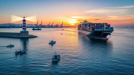 Container Cargo freight ship with working crane bridge at sunset for Logistic Import Export backgroundの素材