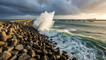 Stormy day at the breakwater in Porto, Portugal.の素材