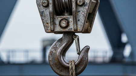 Detail of a crane hook with a rope in the port.の素材