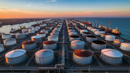Oil tanks in the port of Rotterdam at sunset, Netherlandsの素材