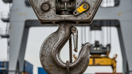 Crane hook and container ship in port, transportation and shipping conceptの素材