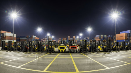 Forklift and forklift loading containers in the port at nightの素材