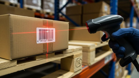 Spray gun in hand of worker scanning barcode on box in warehouseの素材