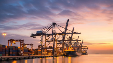 Container Cargo freight ship with working crane bridge at dusk for Logistic Import Export backgroundの素材