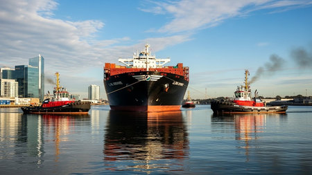 Cargo ship in the port of Rotterdam, Holland.の素材