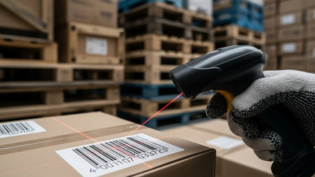 Hand of worker scanning barcode on cardboard box with scanner in warehouseの素材
