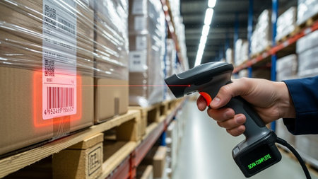 Hand of worker scanning barcode with laser scanner in warehouse. This is a freight transportation and distribution warehouse. Industrial and industrial backgroundの素材