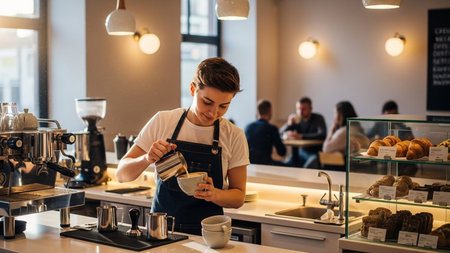 Portrait of a young man barista making coffee in a cafeの素材