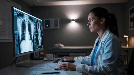 Female doctor looking at x-ray image on computer at night.の素材