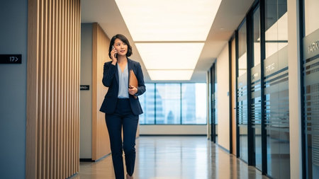 Businesswoman talking on mobile phone while walking in corridor of office buildingの素材