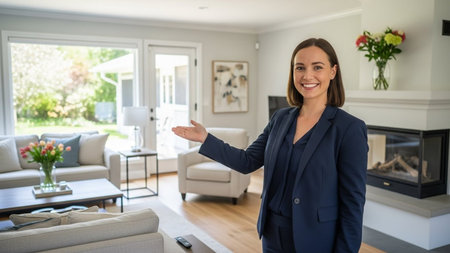 Portrait of smiling businesswoman gesturing in living room at homeの素材