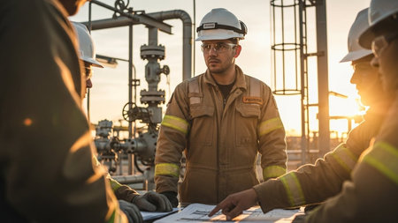 Oil and gas industry worker or engineer on job site at sunset or sunrise.の素材