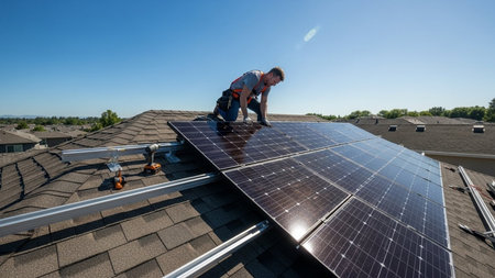 Worker installing solar photovoltaic panels on a roof.の素材