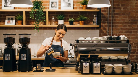 attractive barista in apron using coffee machine in coffee shopの素材
