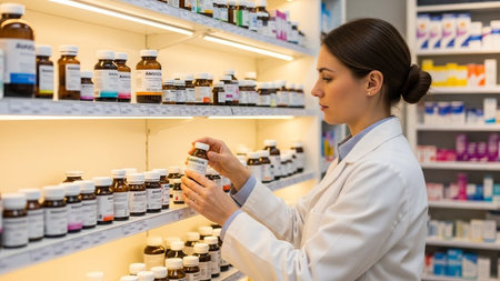 Serious pharmacist holding bottle of medicine in drugstore. Focus on foregroundの素材