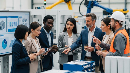 Group of business people working together in modern factory. This is a freight transportation and distribution warehouse. Industrial and industrial workers conceptの素材