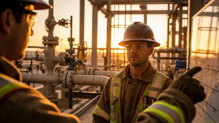 Oil and gas industry worker working in oil refinery. Oil and gas industry concept.の素材