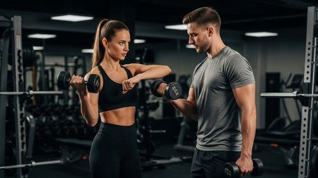 fitness, sport, training, gym and lifestyle concept - smiling couple with dumbbells in gymの素材