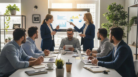 Group of business people working and communicating together in modern office. Corporate businessteam and manager in formal wear working together.の素材