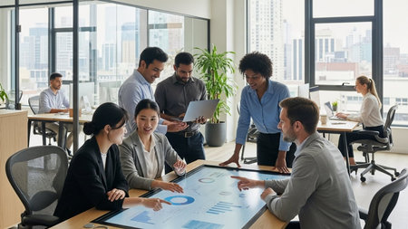 Group of business people discussing business plan at meeting room in modern officeの素材