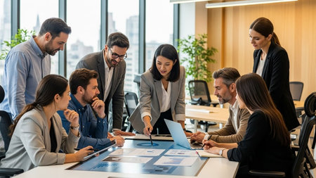 Business people in group meeting at modern office. Businesswomen and businessmen in smart casual wear working in team conference with project planning document on meeting table.の素材