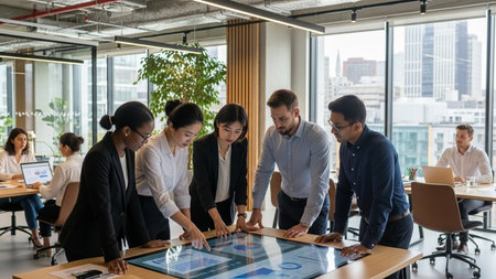 Group of business people discussing business plan at meeting room in modern officeの素材