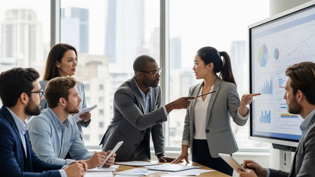 Group of multiethnic business people working and communicating together in creative officeの素材