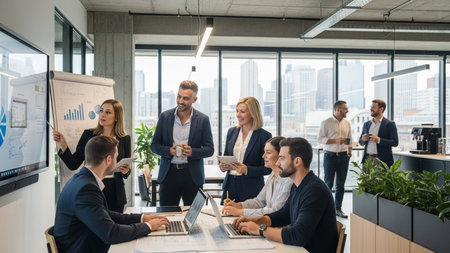 Group of business people in smart casual wear working and communicating together in modern office.の素材