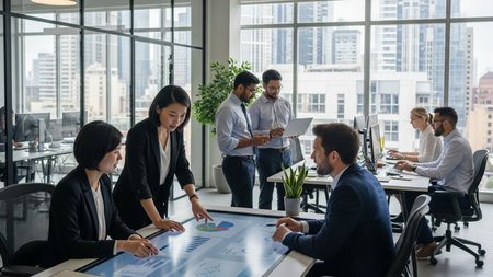 Group of business people in smart casual wear working together in modern office.の素材