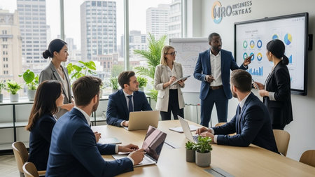 Group of diverse business people working at meeting table in modern office. Multiethnic corporate business team concept.の素材