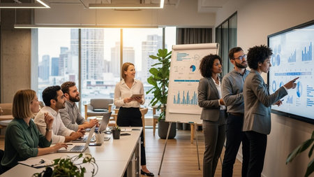 Group of business people discussing business plan at meeting room in modern officeの素材