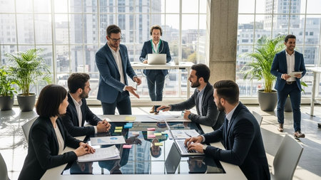 Group of business people in smart casual wear working together in modern office.の素材