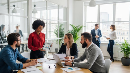 Group of multiethnic business people working and communicating together in officeの素材