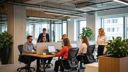 Group of happy young  business people in a meeting at the officeの素材