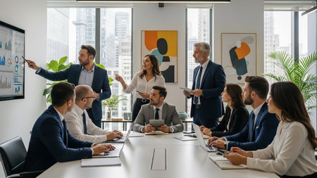 Group of business people working together in modern office. Multiethnic corporate business team on meeting in boardroom.の素材