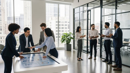 Group of multiethnic business people working together in modern office. Diverse group of business people using digital tablet and laptop computer.の素材