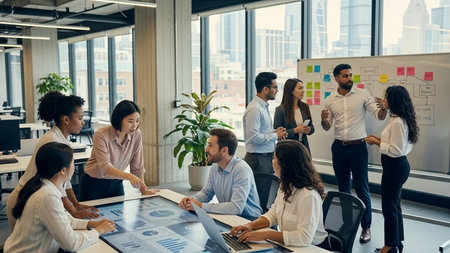 Group of multiethnic business people in a meeting at office. Diverse group of young business people in smart casual wear working together in a modern office.の素材