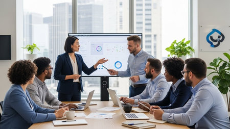 Group of multiethnic business people discussing project at meeting in office. Multiethnic corporate business team on meeting in modern workplace.の素材