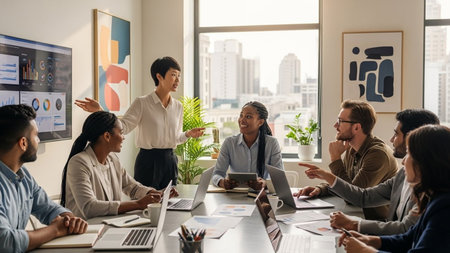 Group of multiethnic business people working together in modern office. Corporate businessteam and manager working together.の素材