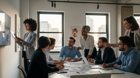 Group of multiethnic business people working and communicating together in creative officeの素材